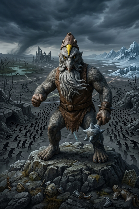 An epic fantasy scene under a stormy, swirling dark sky. Gidium stands triumphantly on a high rocky peak strewn with broken armor and shields. Below him, a vast, black army of thousands of rat-like Verminog flows across the barren landscape toward distant, ruined castles and icy mountains.