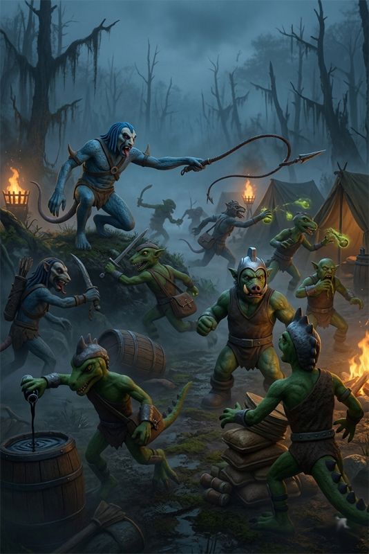 A dark fantasy scene at the edge of a misty swamp at night. Nimble, rat-like Verminog warriors ambush a camp of larger, reptilian humanoids. In the center, Gidium strikes down a bulky opponent with a dagger, while green, bioluminescent smoke and glowing mushrooms softly illuminate the chaotic battleground.