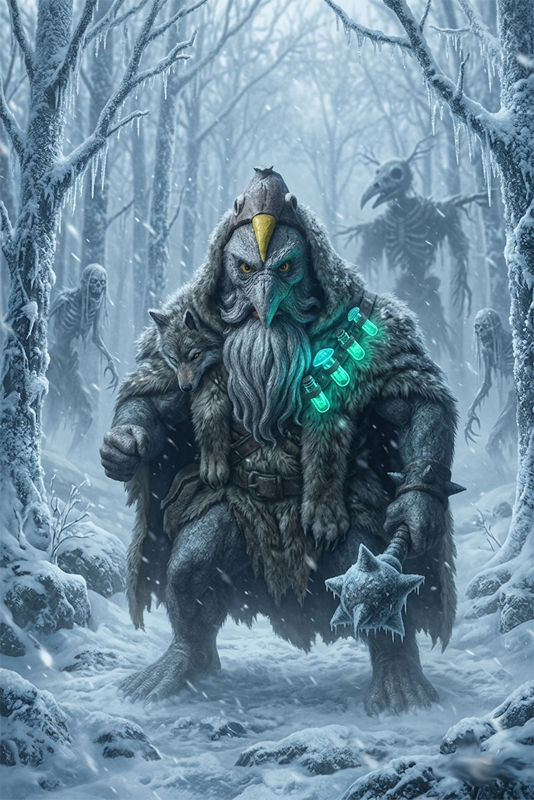 A snow-swept, icy forest scene. Gidium stands prominently in the center, clad in thick animal furs over his shoulders, holding a spiked stone mace. Glass vials of glowing green fluid are strapped across his chest. Ghastly, pale ghouls and a giant, bird-skulled scarecrow watch from the background trees amidst falling snow.