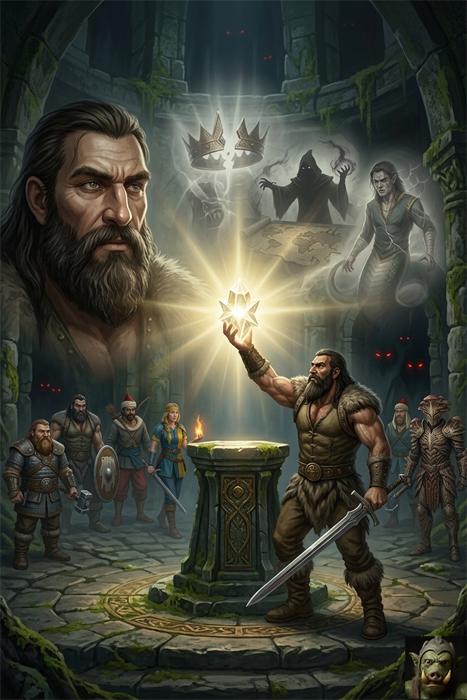 A heroic bearded warrior raises a glowing crystalline star above his head in a stone temple, surrounded by his companions, with ghostly visions of crowns and dark sorcerers appearing in the magical light above.