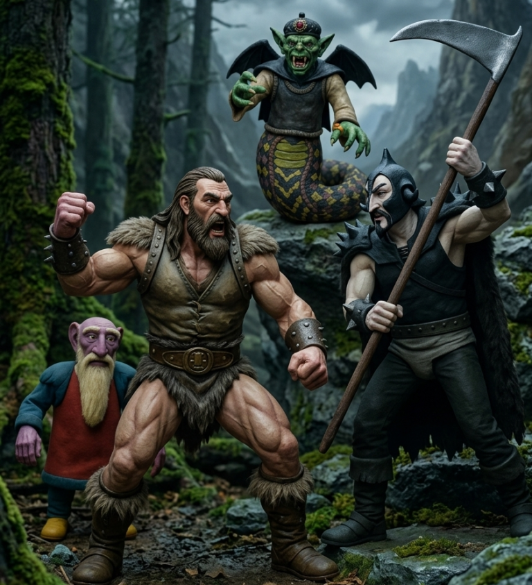 A close-up dark fantasy action figure scene featuring a powerful bearded barbarian roaring with a raised fist. Beside him stands a small purple-skinned dwarf, facing off against an armored warrior holding a massive scythe under a stormy sky.