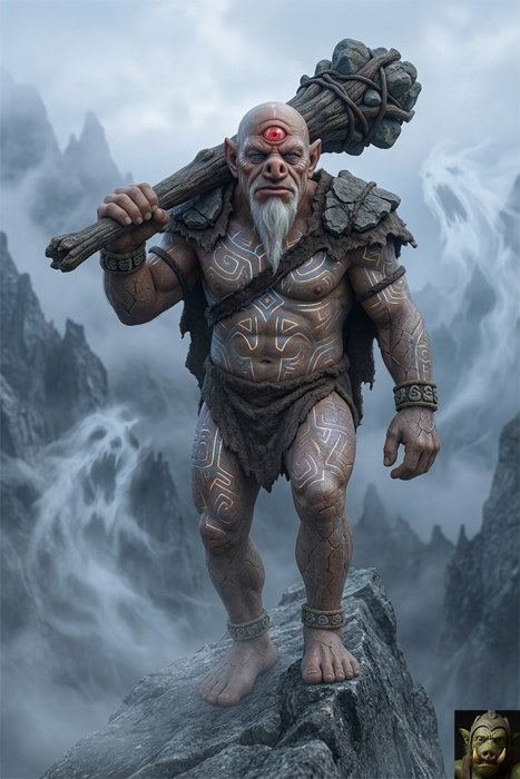 Full-body portrait of a massive, muscular cyclops-like giant with stone-textured skin and glowing gold tribal tattoos. He has a white beard, a glowing red third eye, and carries a huge stone-headed club on his shoulder while standing on a high mountain peak.
