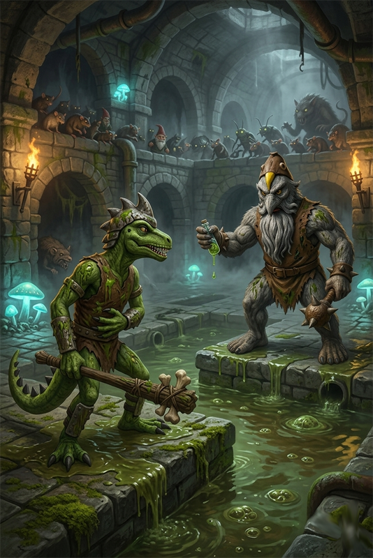 A detailed sewer arena with stone arches and green, bubbling sludge. Gidium, holding his spiked mace and a glowing vial, faces off against a green, reptilian humanoid warrior holding a bone-tipped club. A massive horde of small, rat-like creatures watches the duel from platforms above.