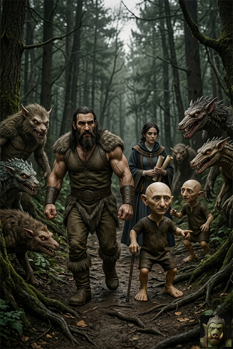 A fantasy action figure scene in a dense, foggy forest. A muscular warrior with a beard and fur mantle walks alongside a woman holding scrolls, flanked by two small, bald humanoid creatures and several snarling, wolf-like monsters with horns.