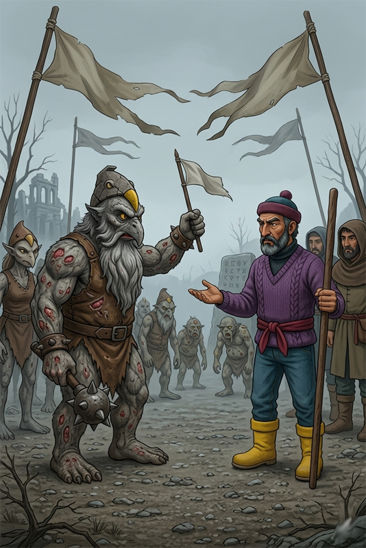 A bleak, overcast field filled with tattered white truce flags. On the left, Gidium stands with a spiked mace, his gray-furred skin showing red plague sores, flanked by sickly Verminog followers. On the right, a human emissary in a purple sweater, winter hat, and yellow boots holds out a hand in peaceful negotiation.