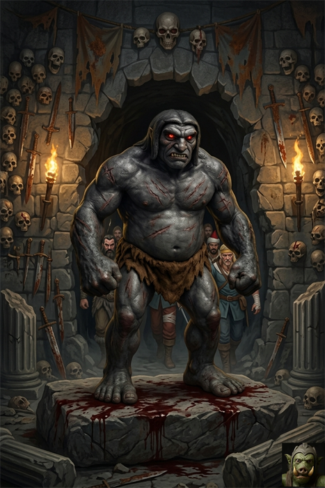 A massive, gray-skinned, scarred troll with glowing red eyes stands aggressively on a blood-stained stone slab inside a dark dungeon chamber lined with skulls and rusted blades, while heroes stand ready for battle in the background.