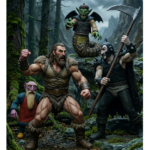 A full-view epic fantasy action figure display set in a rocky forest valley. A powerful barbarian and a small dwarf stand defiant against a dark warrior with a giant scythe, while a green-skinned snake-like wizard with bat wings hovers menacingly over the battlefield.