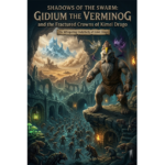 A stylized fantasy book cover illustration. At the top, text reads "SHADOWS OF THE SWARM: GIDIUM THE VERMINOG". Gidium stands on a stone ledge in a massive cavern overlooking a sea of hundreds of rat-like creatures. Floating in the air next to his head are two glowing, magical crowns—one silver with lightning, one purple with dark energy—while a shattered snowy fortress is visible through the cave opening.