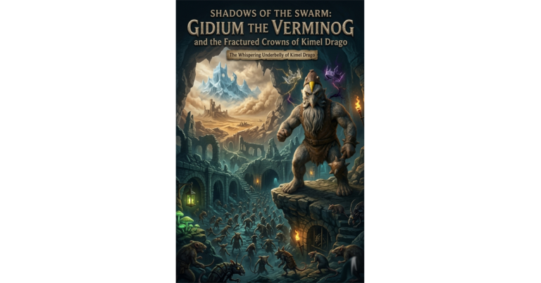 A stylized fantasy book cover illustration. At the top, text reads "SHADOWS OF THE SWARM: GIDIUM THE VERMINOG". Gidium stands on a stone ledge in a massive cavern overlooking a sea of hundreds of rat-like creatures. Floating in the air next to his head are two glowing, magical crowns—one silver with lightning, one purple with dark energy—while a shattered snowy fortress is visible through the cave opening.