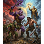 A vertical, detailed fantasy illustration rendered as an epic split-scene painting. The top section shows a dark, high-altitude perspective: the purple-skinned Norglung giant with his top-knot and brass shoulder bracer, stands above a narrow, rugged pass, roaring and raising his massive war club. He commands the scaled Troglodytarum hordes. The bottom section of the image is a dynamic, close-up battle scene on the red-rock path below. Here, the barbarian Ivar Brun with full beard, fur vest, and massive bare arms) is locked in a fierce duel, meeting a two-handed hammer blow from Chastenorg (whose fist is visible from below) with a massive battle-axe, sparks flying. To Ivar's right, Magnus Adamanteus, in golden armor and holding a glowing crown fragment, fights alongside allied mystics. Caine Reapis leads dark lieutenants in the background.