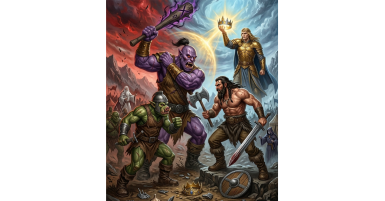 A vertical, detailed fantasy illustration rendered as an epic split-scene painting. The top section shows a dark, high-altitude perspective: the purple-skinned Norglung giant with his top-knot and brass shoulder bracer, stands above a narrow, rugged pass, roaring and raising his massive war club. He commands the scaled Troglodytarum hordes. The bottom section of the image is a dynamic, close-up battle scene on the red-rock path below. Here, the barbarian Ivar Brun with full beard, fur vest, and massive bare arms) is locked in a fierce duel, meeting a two-handed hammer blow from Chastenorg (whose fist is visible from below) with a massive battle-axe, sparks flying. To Ivar's right, Magnus Adamanteus, in golden armor and holding a glowing crown fragment, fights alongside allied mystics. Caine Reapis leads dark lieutenants in the background.