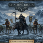 A dark fantasy scene featuring a warlord in black armor holding a scythe, riding a massive wild boar. Flanking him are two lupine centaurs with muscular human torsos, wolf heads, and four-legged wolf bodies. They lead an army of pig-faced, green-skinned orc warriors through a snowy mountain valley flanked by massive stone king statues.