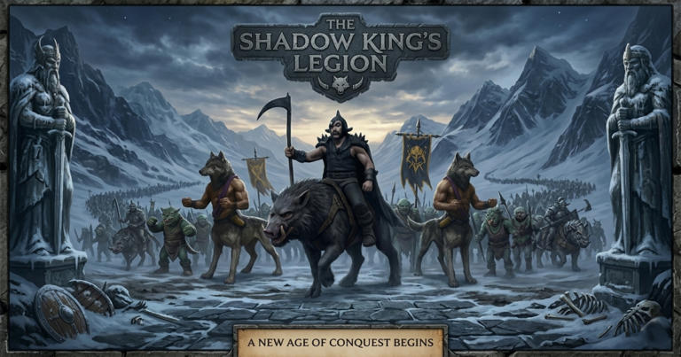 A dark fantasy scene featuring a warlord in black armor holding a scythe, riding a massive wild boar. Flanking him are two lupine centaurs with muscular human torsos, wolf heads, and four-legged wolf bodies. They lead an army of pig-faced, green-skinned orc warriors through a snowy mountain valley flanked by massive stone king statues.