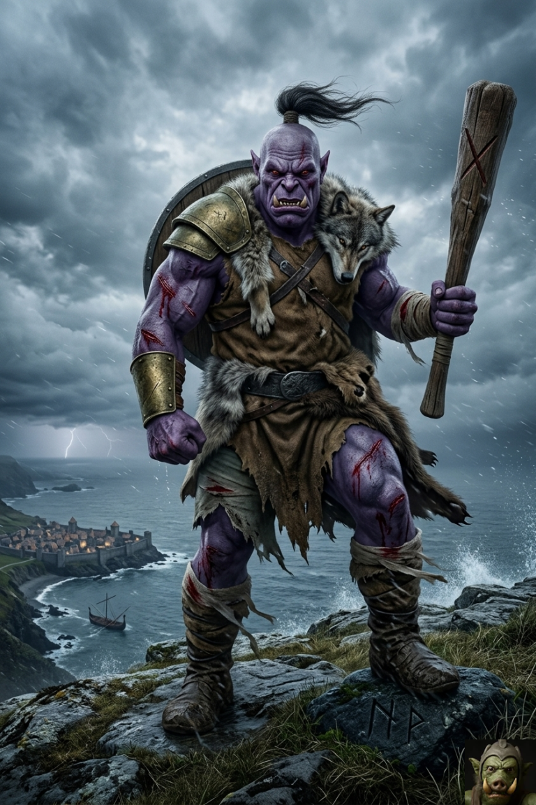 A detailed fantasy illustration in an oil painting style. A massive, purple-skinned male giant (orc-like with prominent fangs and a top-knot) stands mid-stride in a field of tall grass. He wears asymmetrical brass-colored metal armor and coarse furs. He is winding up for a powerful overhead swing with a large, two-handed wooden war club, and his left hand holds a round wooden shield. His face is a mask of focused rage with glowing orange eyes. The background is a rugged landscape of rolling hills and a dense forest under a cloudy, overcast sky. (Reference: Chastenorg).