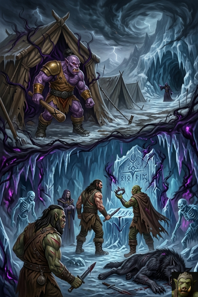 A fantasy illustration with a dual-scene composition divided by swirling dark energy. Top half: Chastenorg the purple giant stands in a snow-covered camp under a lightning-riddled storm, gripping his club marked with an 'X'. Bottom half: Inside a glowing ice cavern, Ivar Brun (with long dark hair and fur gear) and Magnus stand before a runic monolith. An orc ally holds a dark crown, while skeletons and shadow tendrils emerge from the frost. A dead black wolf lies in the foreground.