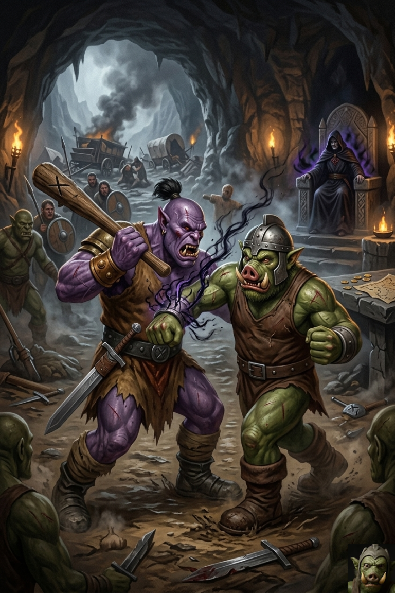 A detailed fantasy illustration in an oil painting style. In the center, a powerful purple-skinned Norglung giant with a top-knot, brass shoulder bracer, and leather tunic, stands poised to strike with his massive two-handed club (marked with an 'X') and slung shield. Facing him is Gulik Horridus, a fierce, pig-faced Troglodytarum with downward-pointing tusks, wearing a helmet and tunic, raising his left arm. Dark, purplish-black magical tendrils (Shadow Magic) erupt from Gulik's arm and a small runic monolith fragment he is gripping. The duel takes place in a deep, dark cavern. On a stone dais in the background, the cloaked figure of Witalis Atrox watches. Northern orc forces and captured supply wagons are visible in the background near the cave mouth. In the very bottom-right corner, there is a small inset portrait of the pig-snouted orc, Gulik.