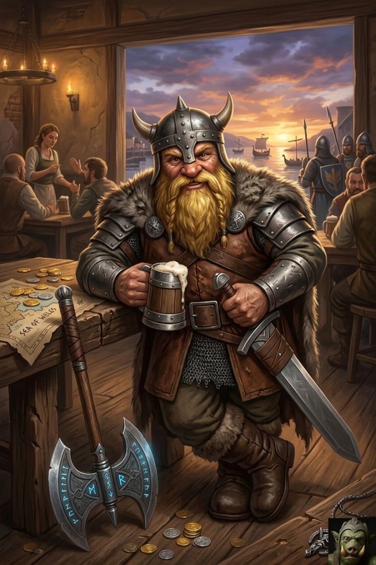 A detailed fantasy illustration in an oil painting style. A very large, heavily muscled male barbarian (human, not a dwarf) stands on a rocky mountain path. He has long, dark brown hair, a thick, full braided beard, and intense eyes. He wears simple, heavy fur and leather gear, including a vest and boots, and studded wrist bracers. He is powerful and bare-armed, clenching both massive fists in a defiant stance, looking directly at the viewer with determination. The landscape is a steep, desolate mountain pass under a dark, cloudy sky.