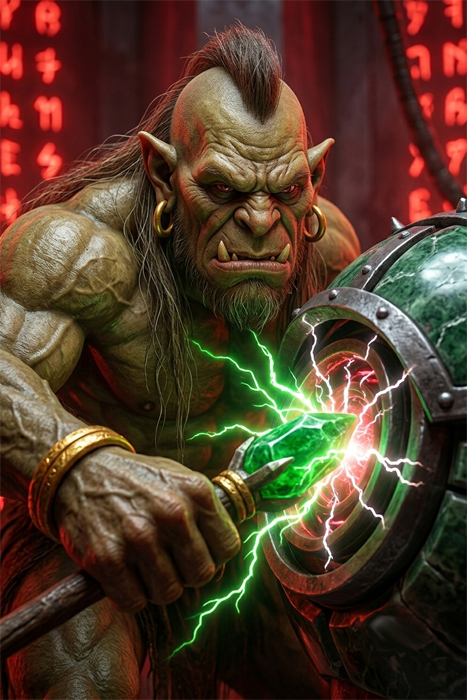 Macro photograph close-up focusing on Smurglem's cloaked hand gripping the staff, which is discharging brilliant green energy into the blackened, warped metal shoulder joint of the construct. Intense sparks fly against the blurred red glyphs.