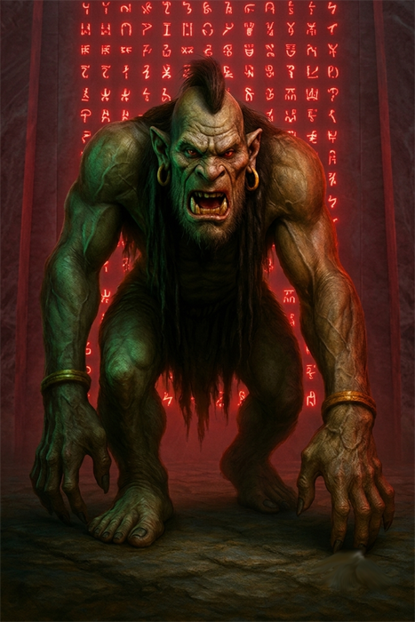 Vertical portrait photograph of the character Smurglem. He stands determined against the dark stone wall of the vault, which is covered in countless, frantically blinking red glyphs. The textures of his build and the ancient stone are highly detailed.