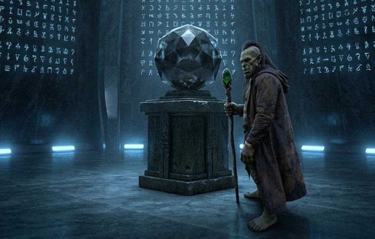 Wide interior view of the vast Veridical Vault. The character Smurglem stands on a polished dark floor before a central crystal sphere. The surrounding walls are covered in intricate, blue-glowing glyphs.