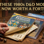 A cinematic overhead shot of a vintage 1980s Dungeons and Dragons tabletop game setup on a wooden desk. A hand lifts the cover of a worn, detached XL1 Quest for the Heartstone module to reveal interior maps, next to a pristine, plastic-slabbed CGC 9.4 graded copy with a price tag reading EST. $3,400+. Polyhedral dice, lead miniatures, and a Player's Handbook are scattered around the table beneath bold gold text that reads "WHY THESE 1980s D&D MODULES ARE NOW WORTH A FORTUNE."