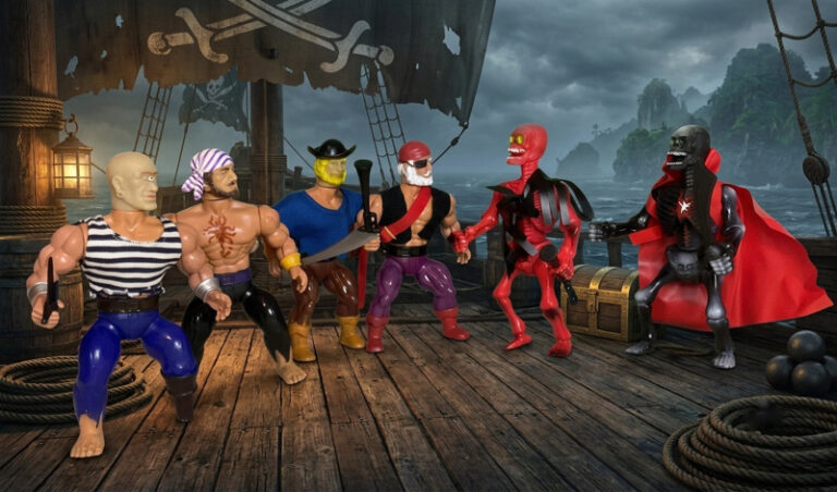 A dramatic toy photography scene at night on a dark wooden pirate ship deck. On the left side of the frame stands a group of four vintage 5.5-inch Remco action figures—Patch, Cutlass, Peg Leg, and Tattoo—holding their respective weapons. On the right side, the skeletal figures Ribs and Crossbones stand defiantly in opposition. The entire confrontation is lit with cinematic, low-light blue and purple shadows under a dark starry backdrop, accentuating the contrast between the human crew's colorful attire and the stark white bone structures of the undead enforcers.