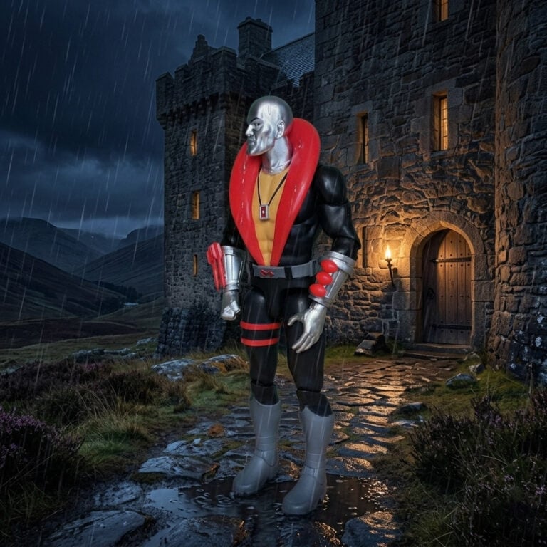 Destro action figure posed on rocky terrain symbolizing the founding of the McCullen Clan in the Scottish Highlands.