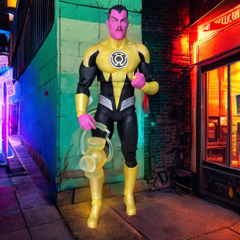Close-up of the Yellow Power Battery accessory with McFarlane DC Multiverse Sinestro Corps figure.