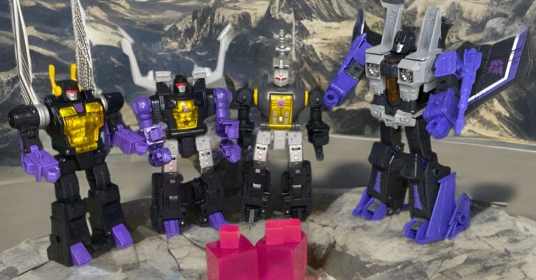 Takara Tomy Dramatic Capture Series Decepticons Part 2 four-pack with Skywarp and Insecticons action figures in robot mode posed with accessories