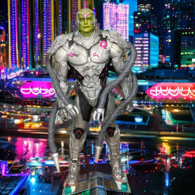 Brainiac figure posed with Skull Ship accessory, representing the Collector of Worlds.