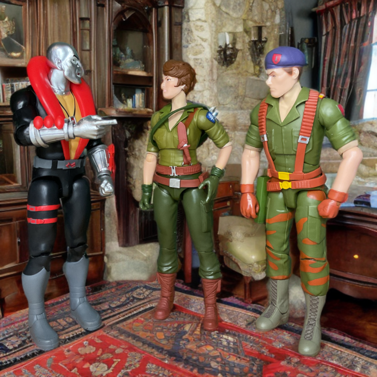 Destro action figure defending Castle Destro against infiltrating G.I. Joe forces Lady Jaye and Flint.
