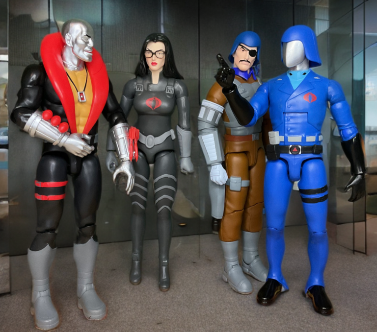 Destro action figure in the high-tech command center of Castle Destro, coordinating Cobra supply operations.