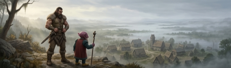 A tall, muscular barbarian and a short, purple-skinned wizard stand on a cliff edge looking down at a village surrounded by a misty valley.