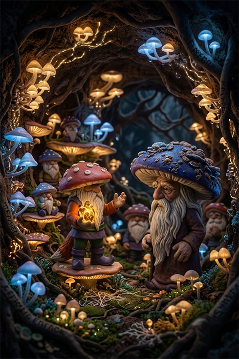 A group of miniature mushroom-headed fantasy figurines inside a dark, mossy cavern filled with glowing blue and white mushrooms. A small mushroom person with a red cap holds a glowing yellow crystal artifact, speaking to a larger, elderly mushroom person with a long white beard and a large blue cap.