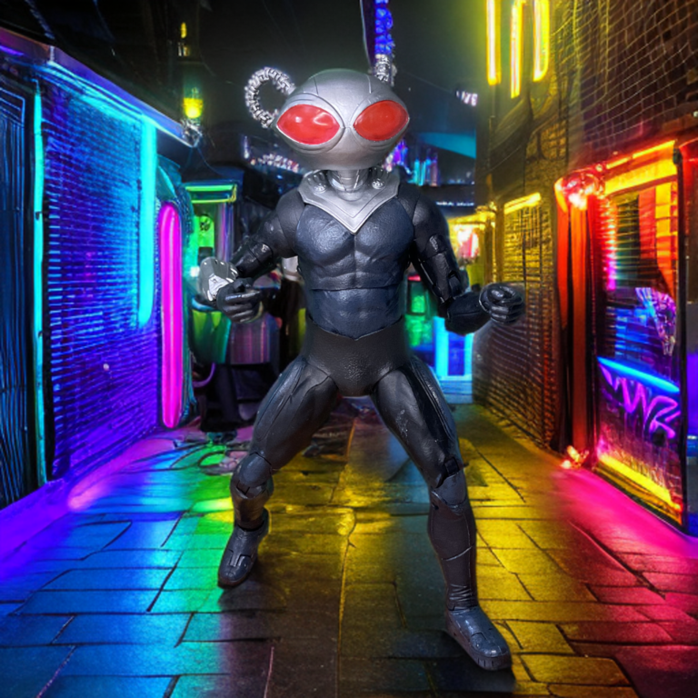 Black Manta DC Multiverse figure highlighting telepathic scrambler technology.