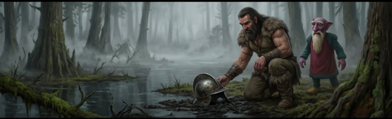 A large bearded warrior kneels to touch an old helmet on the muddy ground next to a swamp, as a small wizard stands nearby.