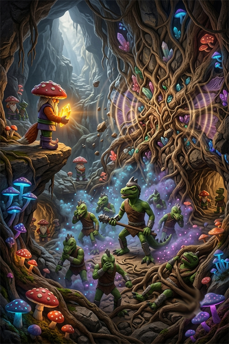 A vertical fantasy scene inside a dark cave where a little mushroom person on a high ledge holds up a bright yellow crystal. Sonic ripple effects emerge from a root-covered wall embedded with gems. On the cavern floor, several green, bipedal lizard-like warriors with clubs cough and struggle against tangling tree roots and glowing purple spore clouds.