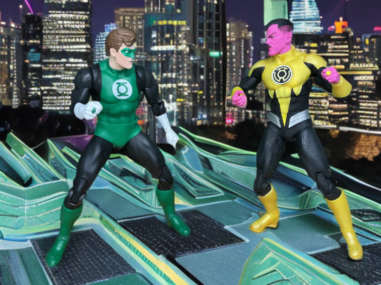 Dramatic standoff pose between Sinestro Corps War action figure and Green Lantern (Hal Jordan) figure facing off with power ring constructs activated.