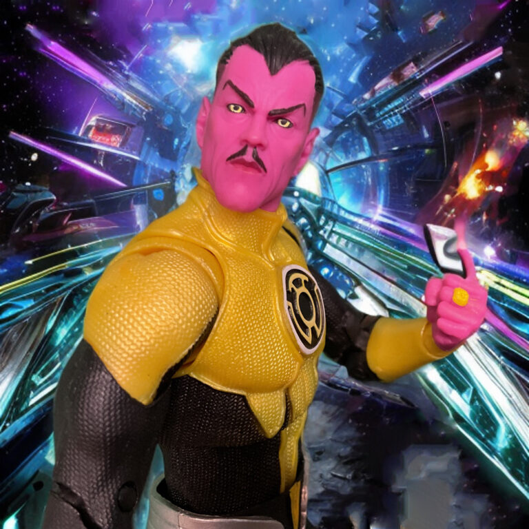 Detailed view of the Sinestro Corps insignia on the figure’s chest.
