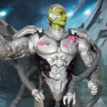 McFarlane DC Multiverse Brainiac action figure in full robotic glory with green skin, mechanical tendrils, and Skull Ship backdrop, representing the ultimate Collector of Worlds.