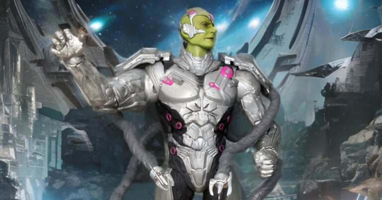 McFarlane DC Multiverse Brainiac action figure in full robotic glory with green skin, mechanical tendrils, and Skull Ship backdrop, representing the ultimate Collector of Worlds.