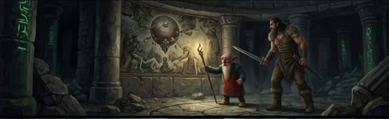 A small wizard holding a glowing staff and a tall warrior with a drawn sword examine ancient carvings on a stone wall inside a dark ruin.