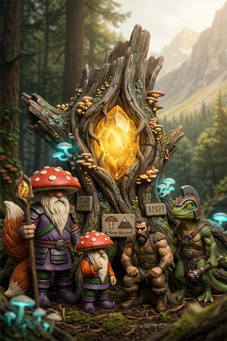 A group of four fantasy action figures standing in front of a large, hollowed-out tree stump that contains a giant, glowing orange crystal. The characters include a tall mushroom guardian with a fox tail, a smaller red-capped mushroom person, a muscular bearded barbarian man, and a green lizard-man warrior in light armor. A stone sign between them features a mushroom and mountain drawing with the text "A New Accord".