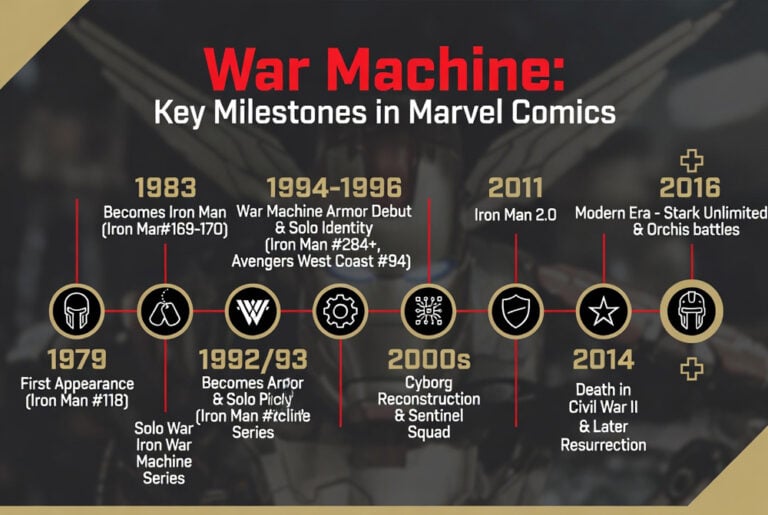 Timeline infographic showing key milestones in James "Rhodey" Rhodes / War Machine's Marvel Comics history, from his 1979 debut to modern era events.