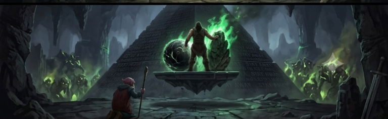 A warrior stands before a floating black sphere erupting with green energy inside a dark, ancient cavern with a stone pyramid backdrop.