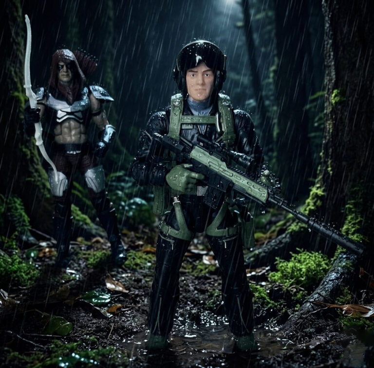 Toy photography of G.I. Joe action figures in a dark, mossy forest during a heavy downpour. In the foreground, a Ripcord action figure in a black flight suit, helmet, and green harness holds a scoped rifle. Standing a few paces behind him in the dim, shadowed background, a hooded Zartan action figure subtly stalks him while holding a white bow.