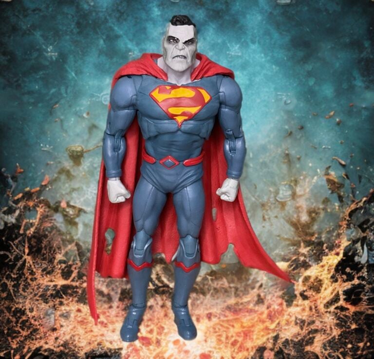 Front view of Bizarro figure focusing on torn cape, distressed suit, and muscular shoulders.