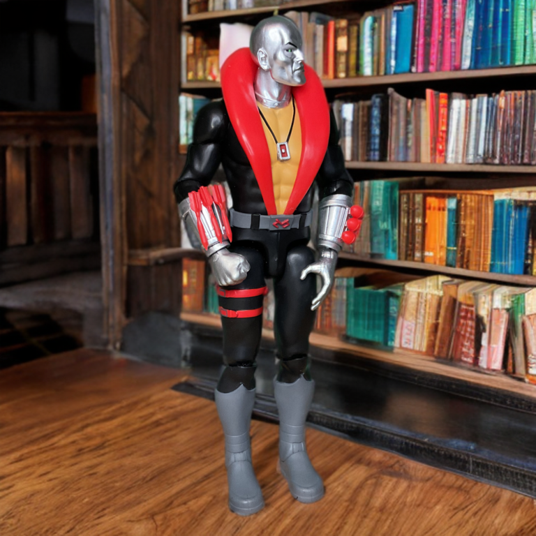 Destro action figure in his iconic beryllium steel mask and red uniform, standing commandingly in the shadowy gothic library of Castle Destro, surrounded by ancestral volumes and clan secrets.