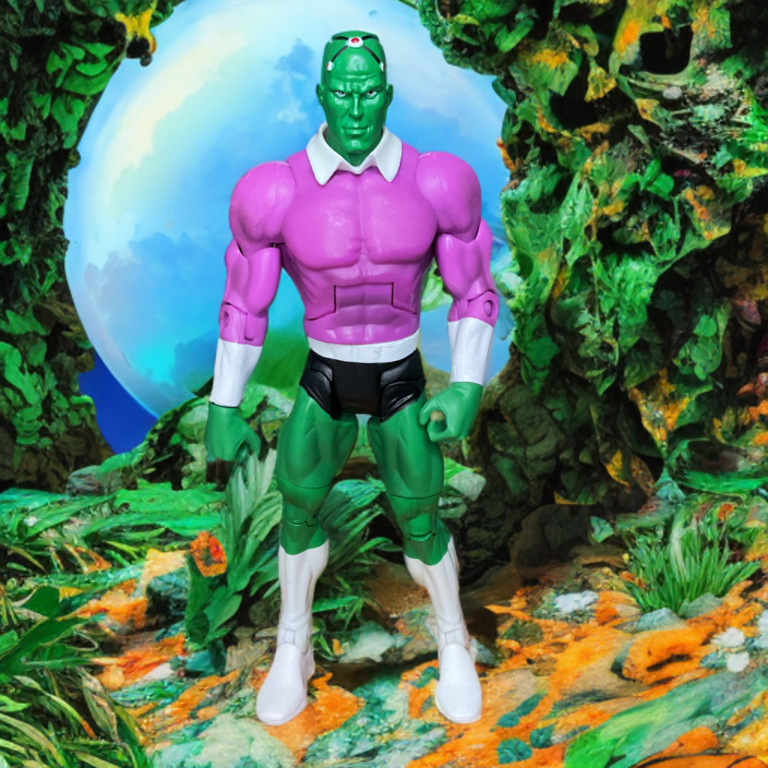 DC Universe Classics Brainiac action figure from Mattel, full view showing green skin, robotic suit, headband, and classic villain design.