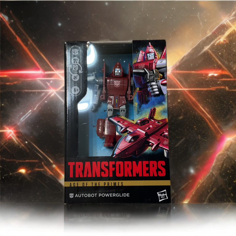 Side-by-side comparison of the 2026 Age of the Primes Powerglide action figure next to a vintage G1 Mini-Vehicle toy.